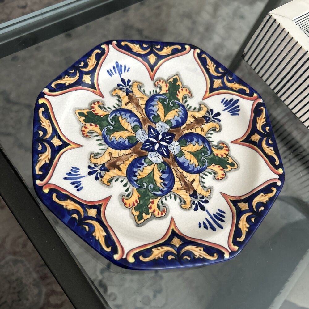 I. Godinger & Co Italian VTG Cobalt Yellow Flower Hand Painted 7"Dessert Plate